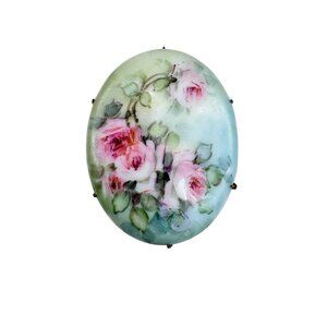 Victorian Antique Unsigned Porcelain Brooch Hand Painted Roses Brass